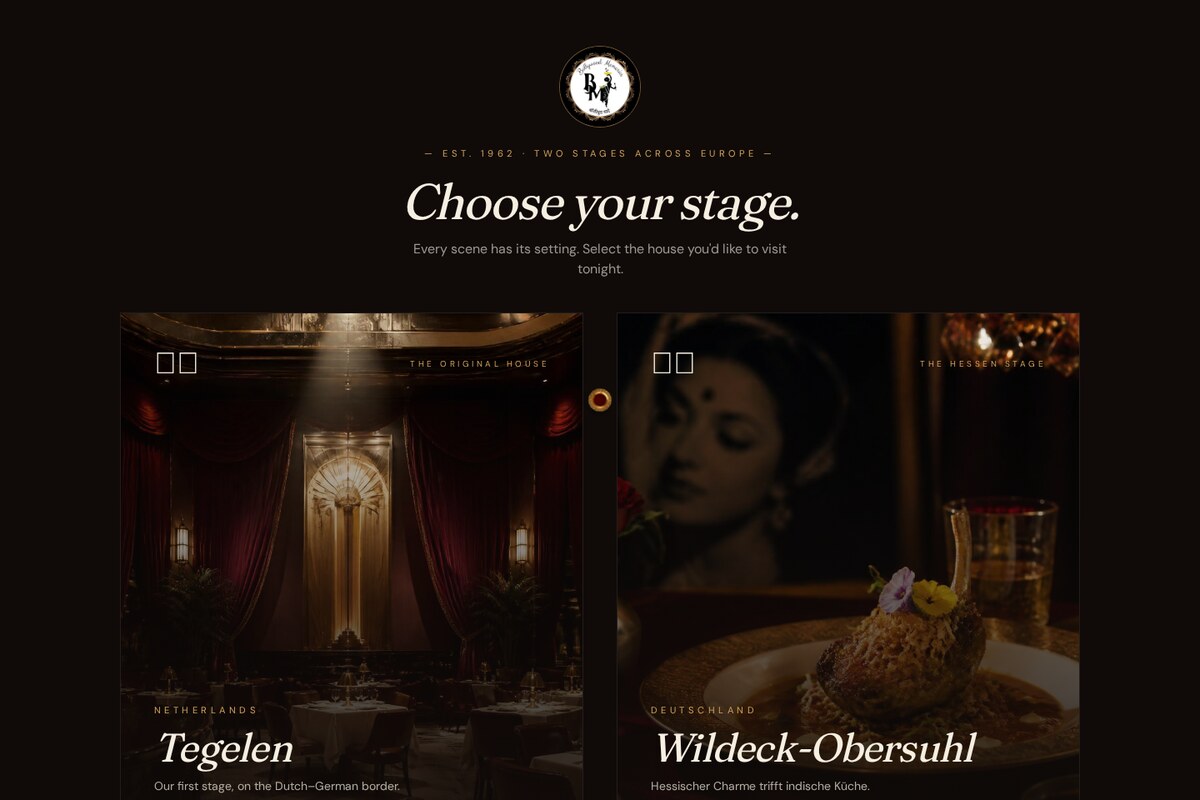 Bollywood Memories home page asking visitors to choose between the Tegelen and Wildeck-Obersuhl restaurants.