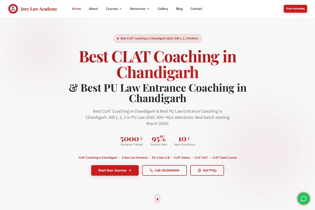 Jury Law Academy home page: a headline about CLAT coaching in Chandigarh, a course menu and a free counselling button.