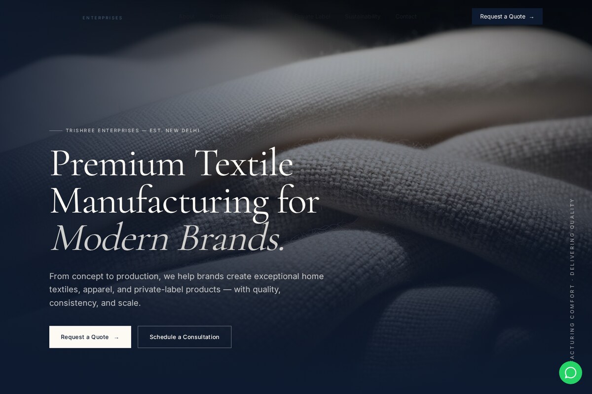 Trishree Enterprises home page: a headline about premium textile manufacturing over a close photograph of grey woven fabric.